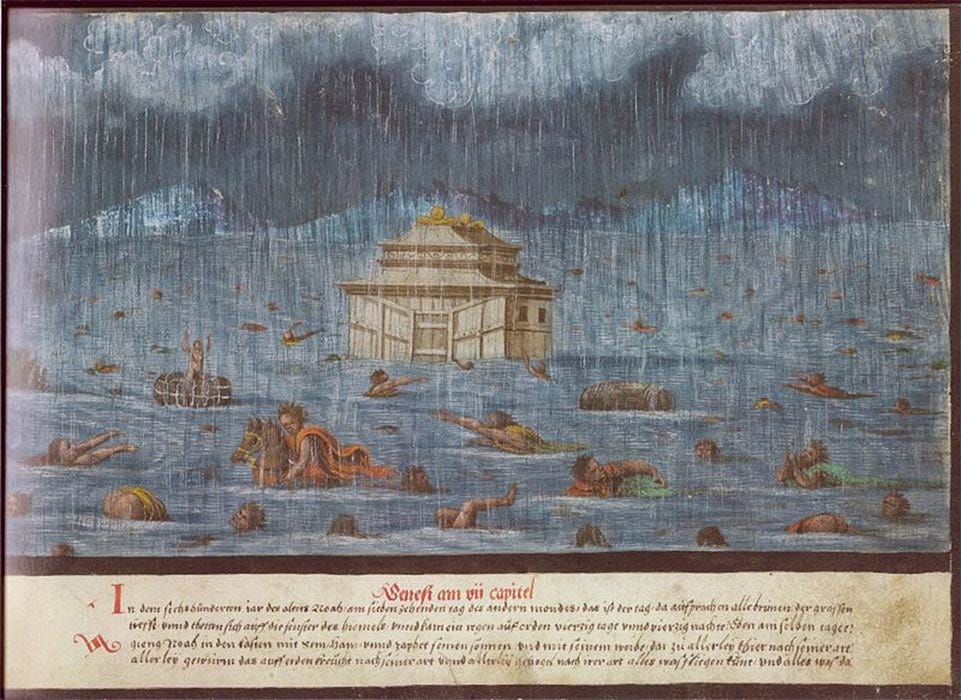 Genesis 7, 11-14: "In the six hundredth year of Noah’s life, in the second month, the seventeenth day of the month, the same day were all the fountains of the great deep broken up, and the windows of heaven were opened. And the rain was upon the earth forty days and forty nights..." Augsburger Wunderzeichenbuch, (c. 1550) (Public Domain)