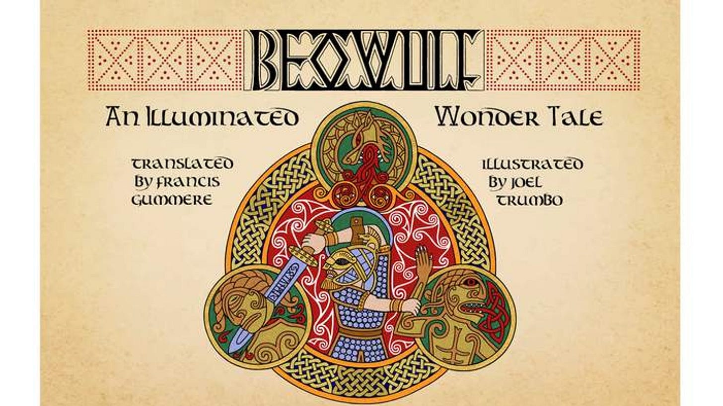 An illuminated edition of the Anglo-Saxon epic tale "Beowulf" in Old English and modern English translation.