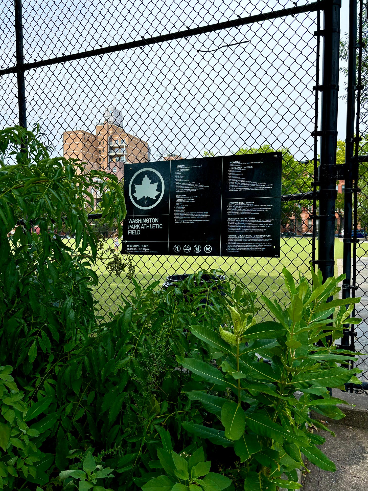 Looking through a fence onto a grassy sports field. The sign reads Washing Park Athletic Field.