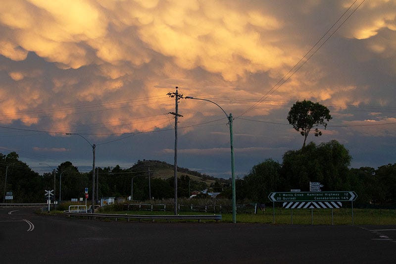 Sunset across an intersection in regional NSW.