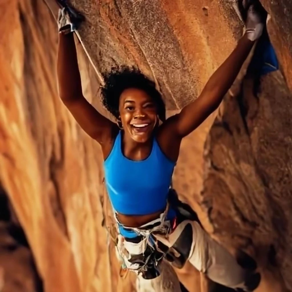 black woman rock climber smiling as she climbs El Capitan