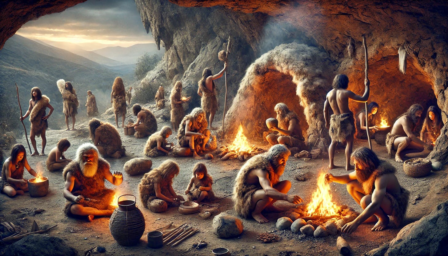 An ancient prehistoric tribe working around a fire and caves. The tribe members, wearing primitive clothing made of animal hides, are engaged in various activities. Some are tending to the fire, while others are preparing food, making tools, or caring for children. The caves in the background provide shelter and safety. The scene is set during twilight, with the firelight illuminating the faces of the tribe members, highlighting their cooperation and efforts to support and protect each other. The surrounding environment includes rocky terrain, sparse vegetation, and a sense of community and survival.