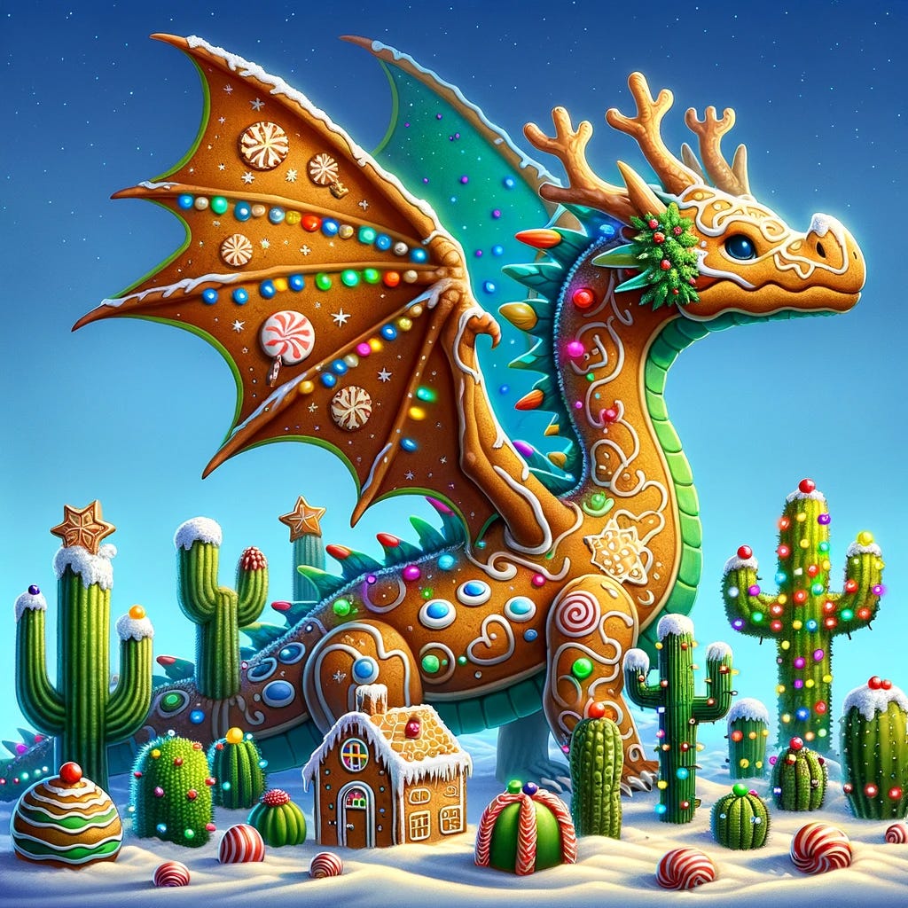 "Further enriching the water dragon scene: The dragon, adorned with cracker wings, gumdrops, frosting, and a gingerbread house, now has even more cacti on its desert back. These additional cacti are variously shaped and sizes, adding to the diverse desert landscape. Each cactus is festively decorated with Christmas lights and ornaments, contributing to the holiday spirit. The scene becomes even more vibrant and festive, showcasing a unique blend of fantasy and holiday cheer."