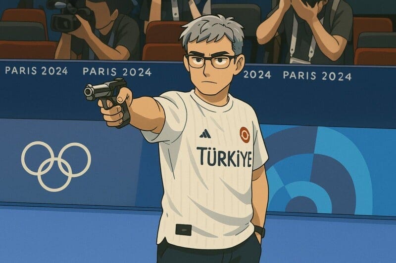 Illustration of an athlete in a "Türkiye" shirt aiming a pistol in a 2024 Paris shooting event. The background features a stylized Olympic logo and photographers capturing the moment.