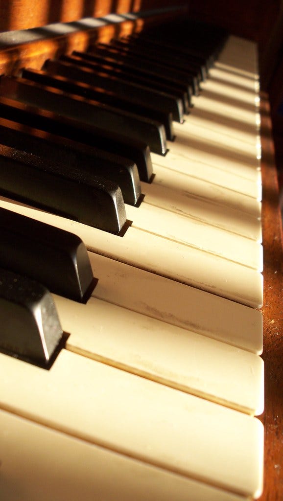 Piano keys in sunlight. "Piano Keys" by kyphilosopher is licensed under CC BY 2.0. 