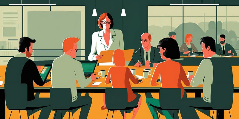 high contrast illustration of a woman in suit collaborating to a team of colleagues around a table while they drink coffee. Some have laptops with them.