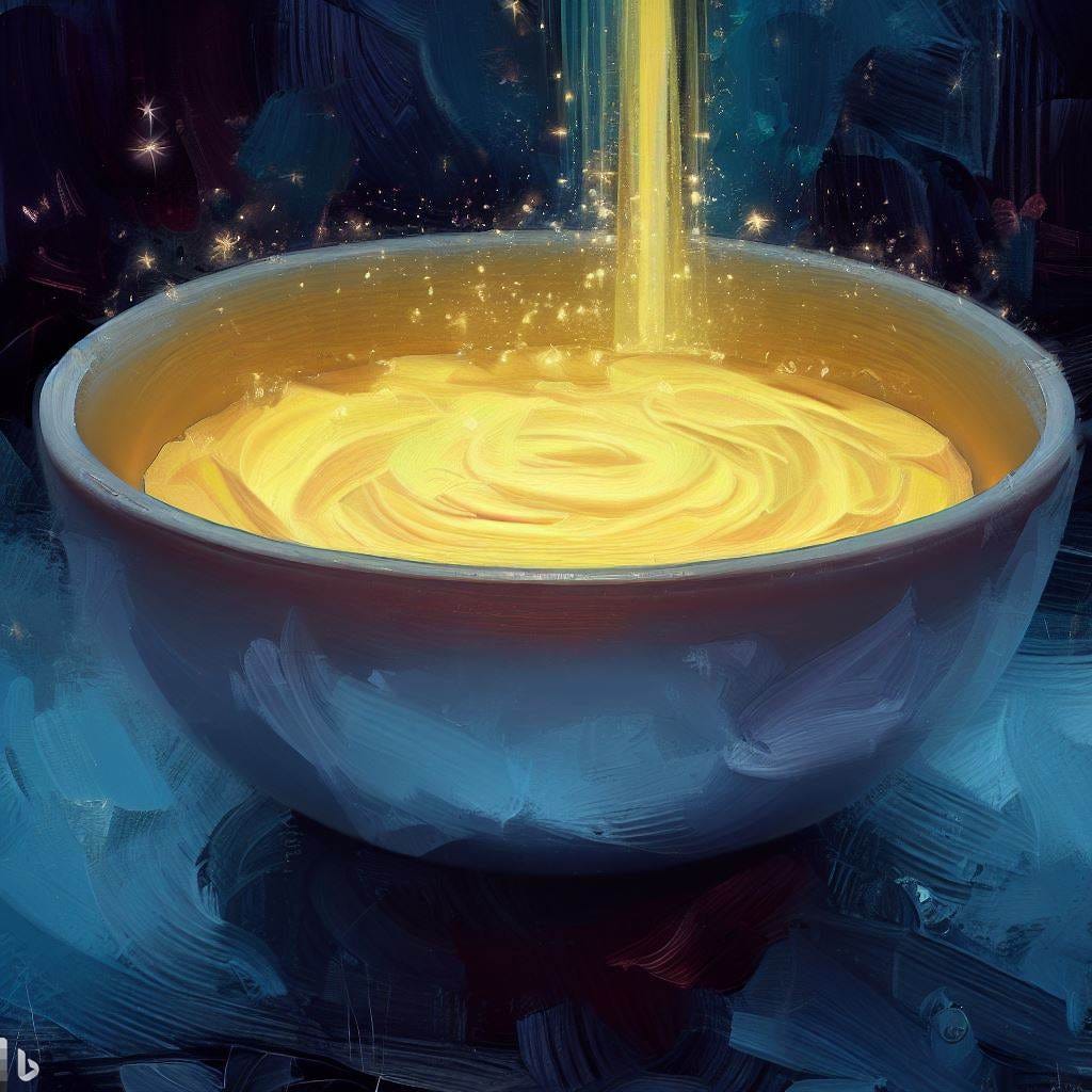 a yellow bowl of soup that is also a portal to another dimension, dark blue background,  individual brushstrokes