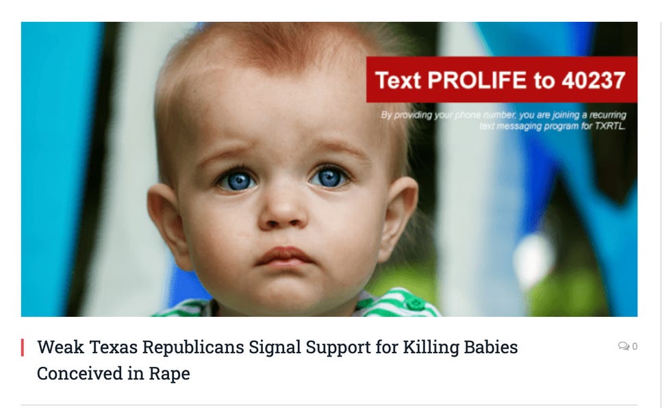 Image: Sad baby with red hair Text: Weak Texas Republicans Signal Support for Killing Babies Conceived in Rape