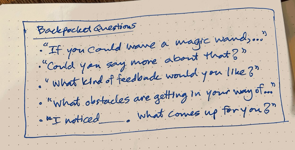 Image: Draft of my five back pocket questions in my notebook