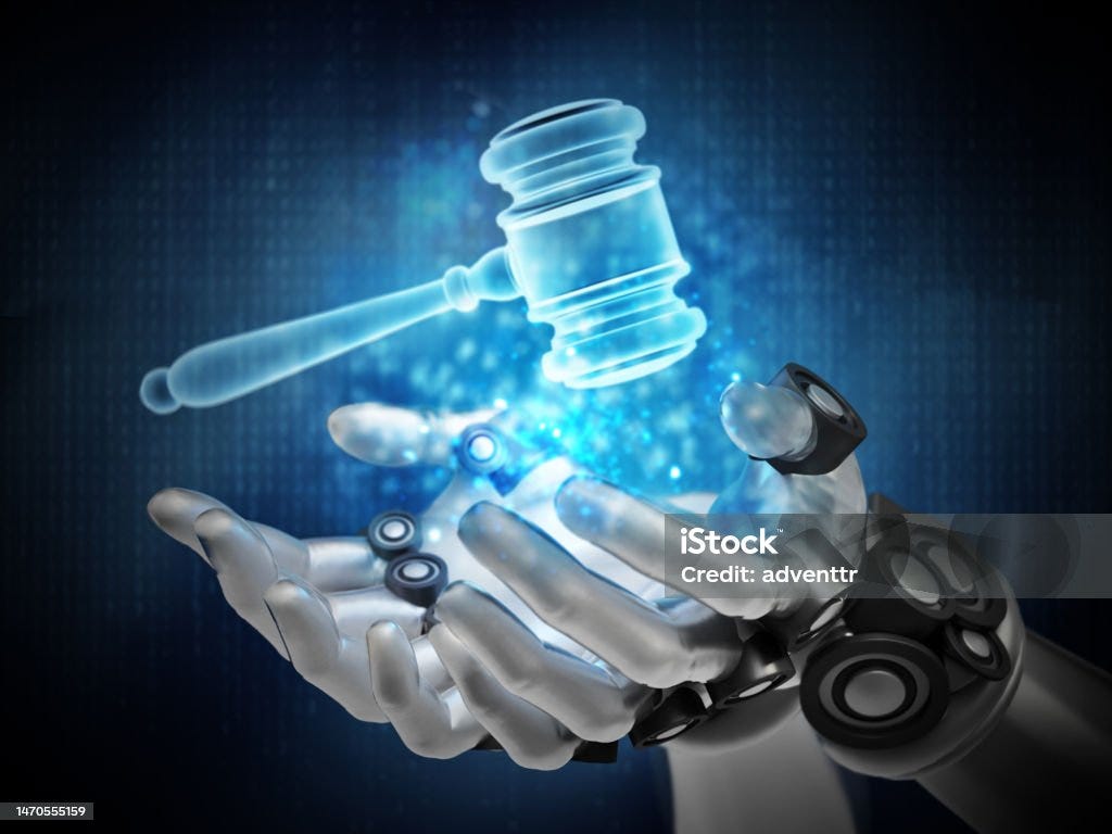 Blue gavel hologram over robotic hands. Cyber law concept Blue gavel hologram over robotic hands. Cyber law concept. Artificial Intelligence Stock Photo