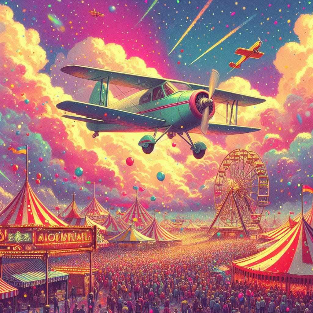 small plane in the clouds above a carnival as colorful snow falls upon the crowd, 60s sci-fi drawing