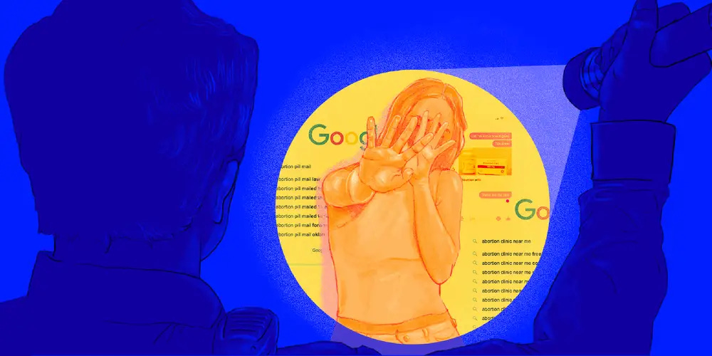 A mostly-blue illustration of a cop shining a light on someone, who is covering their eyes and holding up their hand. The circle of light they are within uses primarily yellow/orange tones, and behind them there are images of Google searches.