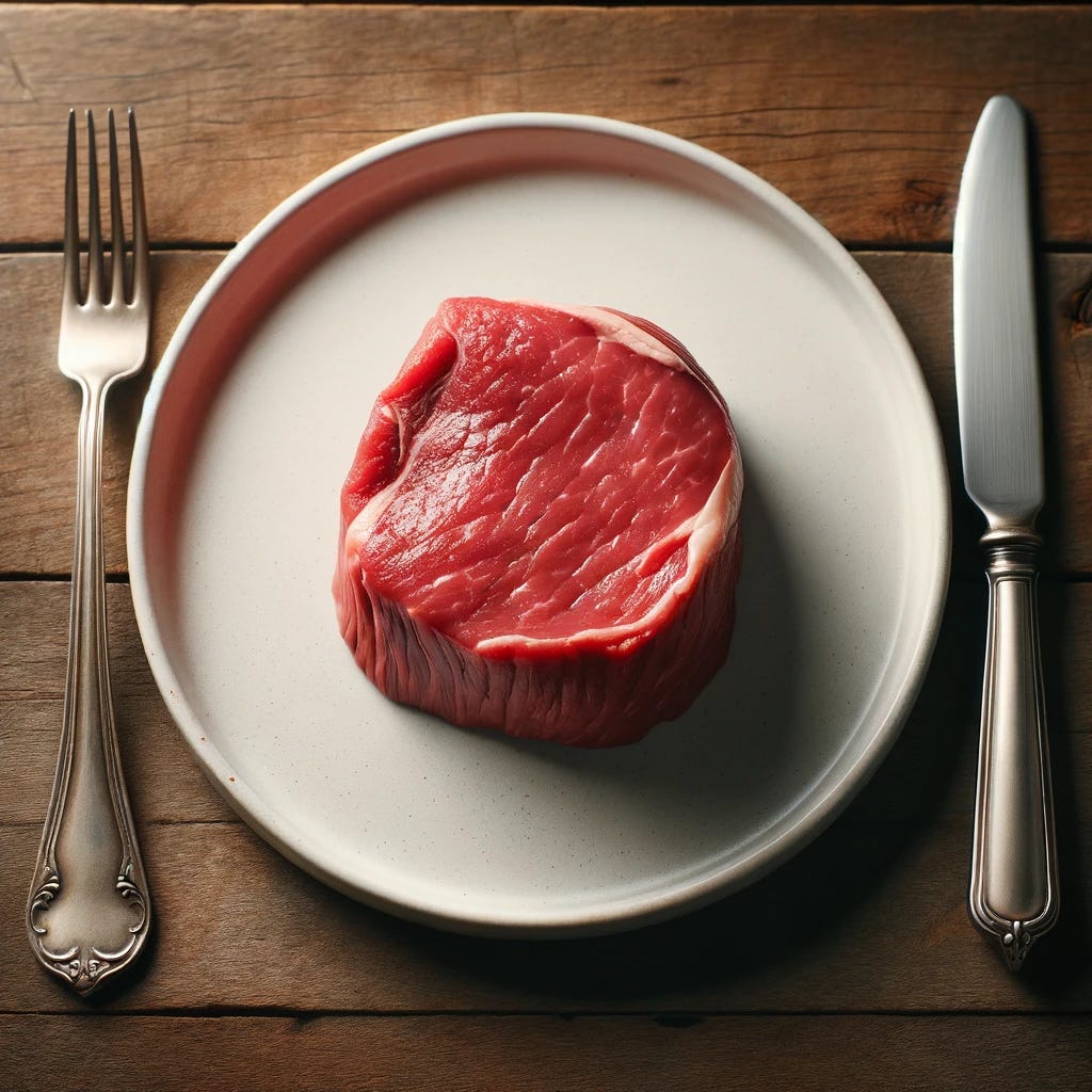A piece of raw meat on a white ceramic plate, accompanied by a silver knife and fork on either side of the plate. The meat is fresh and red, showcasing its raw texture. The cutlery is polished, reflecting light, and the plate is set on a simple wooden table, adding a rustic charm to the scene. The background is blurred to emphasize the focus on the plate and its contents.