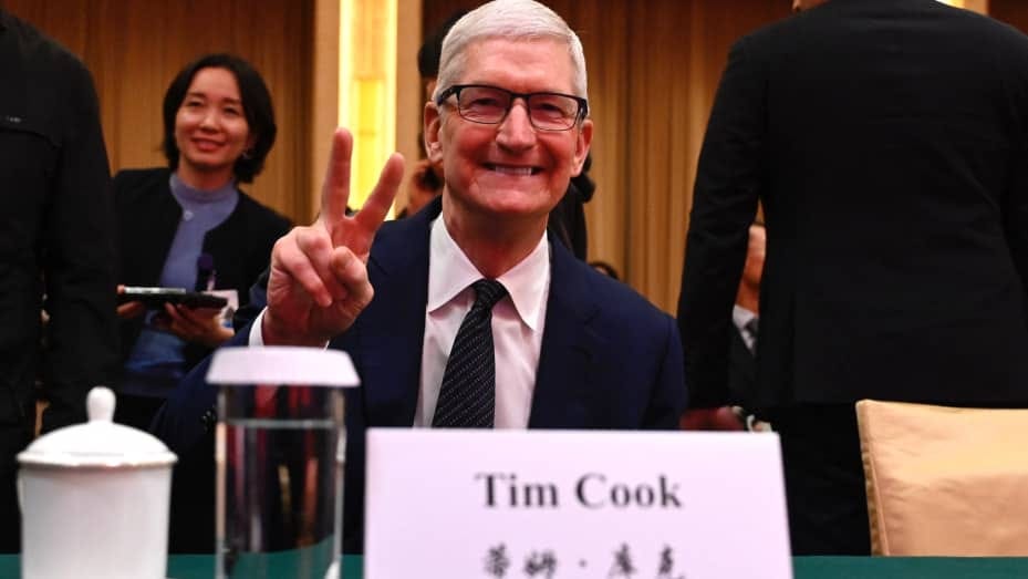 Apple's Chief Executive Officer Tim Cook attends the China Development Forum in Beijing on March 24, 2024. (Photo by Pedro Pardo / AFP) (Photo by PEDRO PARDO/AFP via Getty Images)