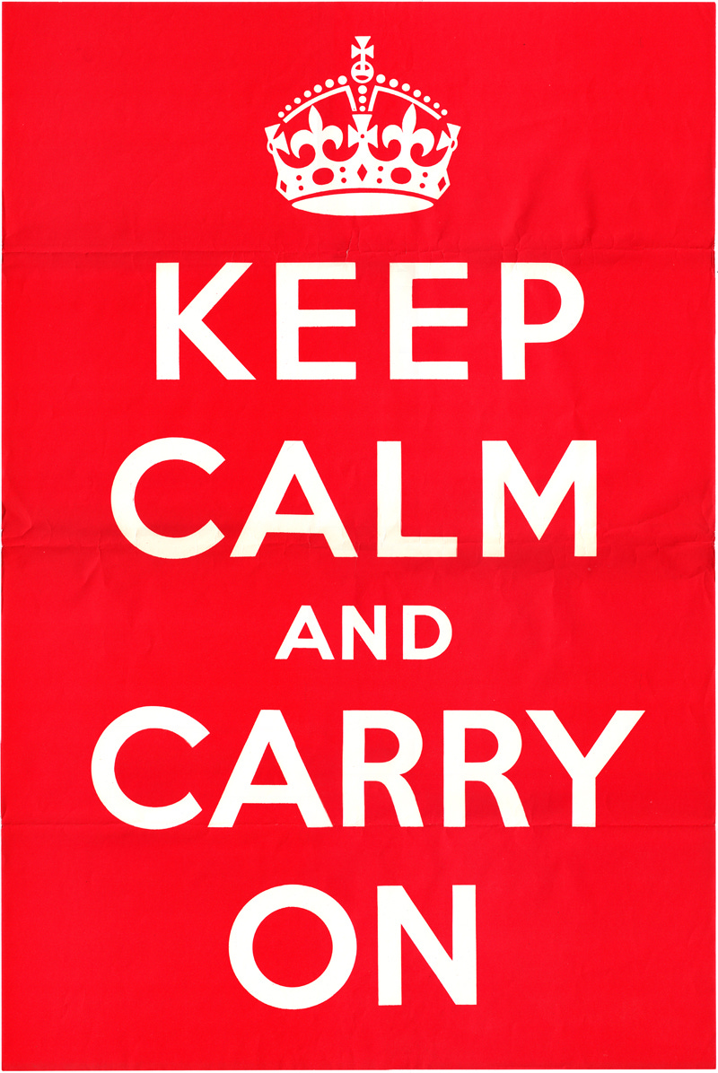 Red and white KEEP CALM AND CARRY ON poster with stylised British crown above sans serif, uppercase, centre justified wording