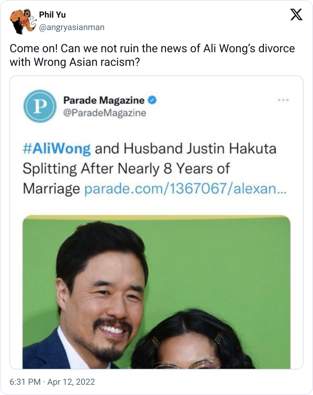 tweet from @angryasianman pointing out Parade Magazine's mistaking Randall Park for Justin Hakuta