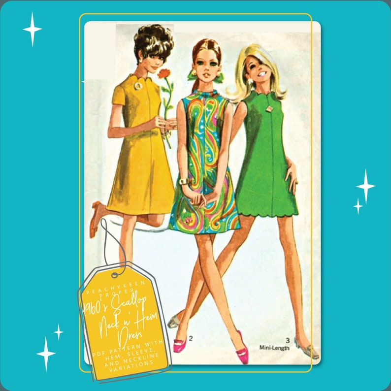 1960s Scallop Neck n Hem Dress Vintage Sewing Pattern 7635, 34 inch bust, DIGITAL download pattern PDF image 1