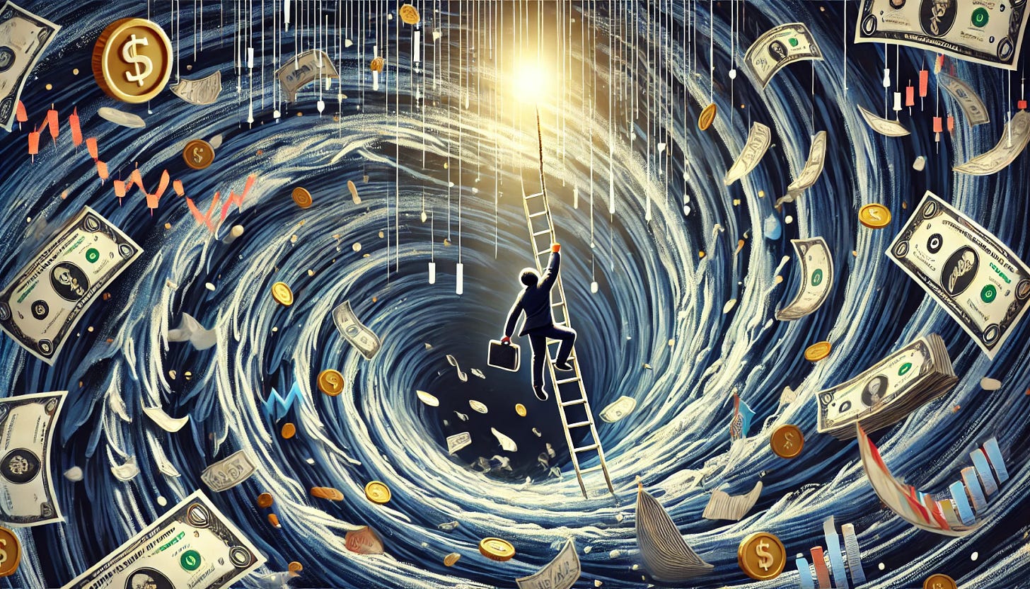 An illustration of someone escaping from a financial spiral of losses, representing breaking free from the 'gồng lỗ' cycle. The image shows a large, dark swirling vortex made of falling stock charts, bills, and coins, with a person climbing out using a rope or ladder. The person looks determined, with light shining above them, symbolizing hope and recovery. The surrounding vortex represents the heavy pressure of ongoing financial losses, while the light above symbolizes freedom and financial stability.