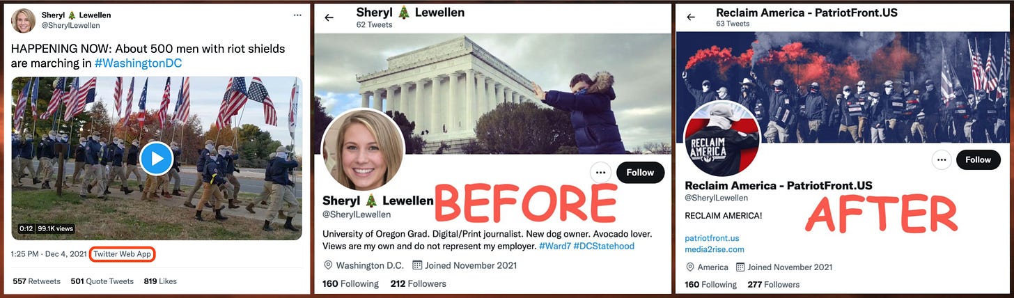 screenshot of a December 2021 Twitter post from @SherylLewellen about the DC Patriot Front rally, screenshot of the @SherylLewellen account's profile when it had a GAN-generated face and was pretending to be a reporter, and screenshot of the account's final Patriot Front-branded profile