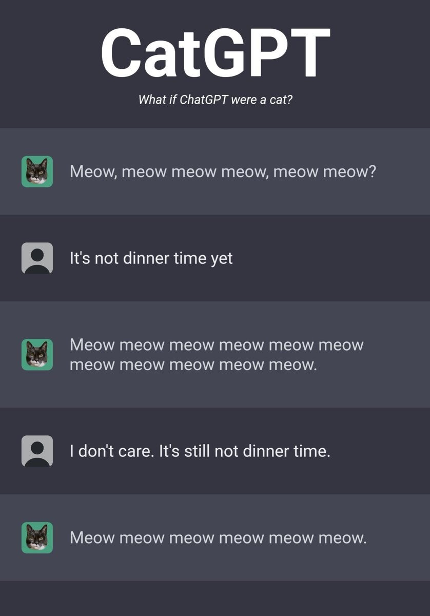 CatGPT, an AI program that meows in response to anything you say.