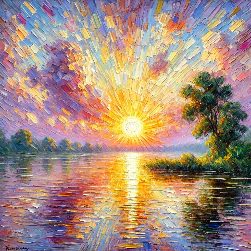 An impressionist oil painting of an exultant sunrise. The sky is a blend of soft, vibrant colors like oranges, pinks, and purples, painted with broad, expressive brushstrokes. The sun rises over the horizon, with rays of light creating a warm, golden glow. A tranquil lake reflects the brilliant sky, with the reflections rendered in a slightly abstract, shimmering style. The background features lush green trees and rolling hills, painted in a loose, textured manner. The overall atmosphere is elegant and refined, capturing the beauty and energy of a new day in a classic impressionist style.