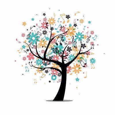 A drawing of a tree with a black trunk and branches. Instead of leaves it is covered with pastel colored flowers and black music keys and notes.