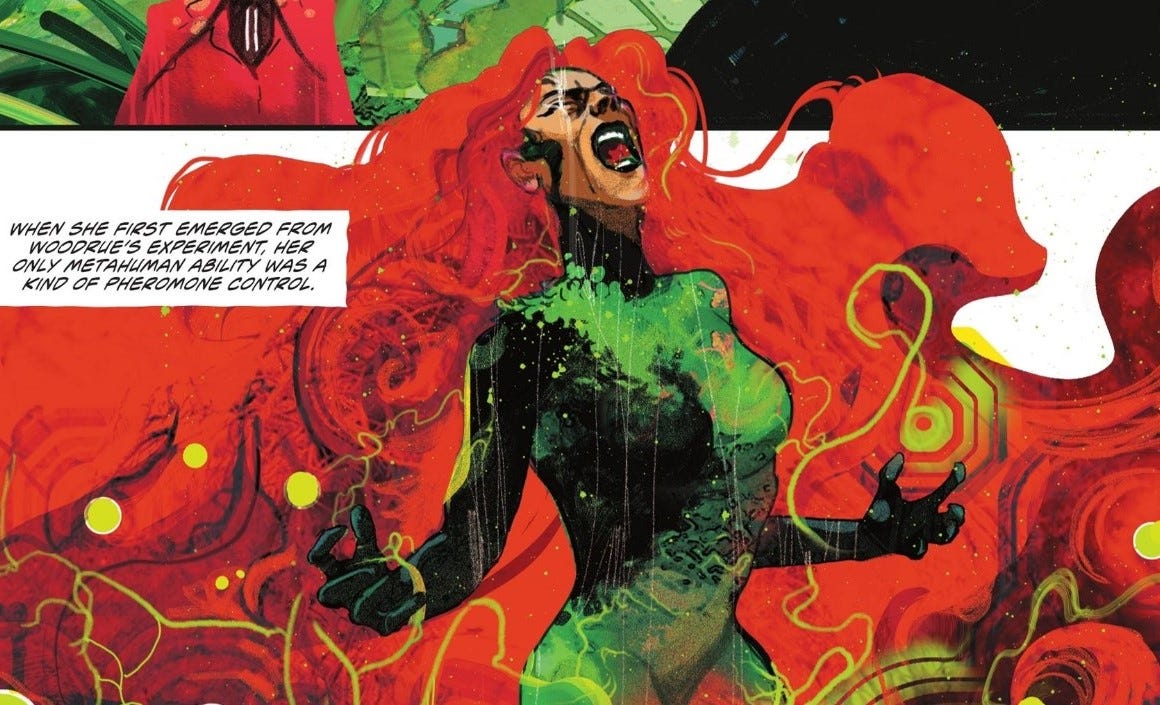 Szene aus einem Comic: In grüner Kleidung und wildem, überdimensioniertem roten Haar hat Poison Ivy die Hände erhoben, den Mund aufgerissen und rast vor Wut. (Bild: DC Comics)