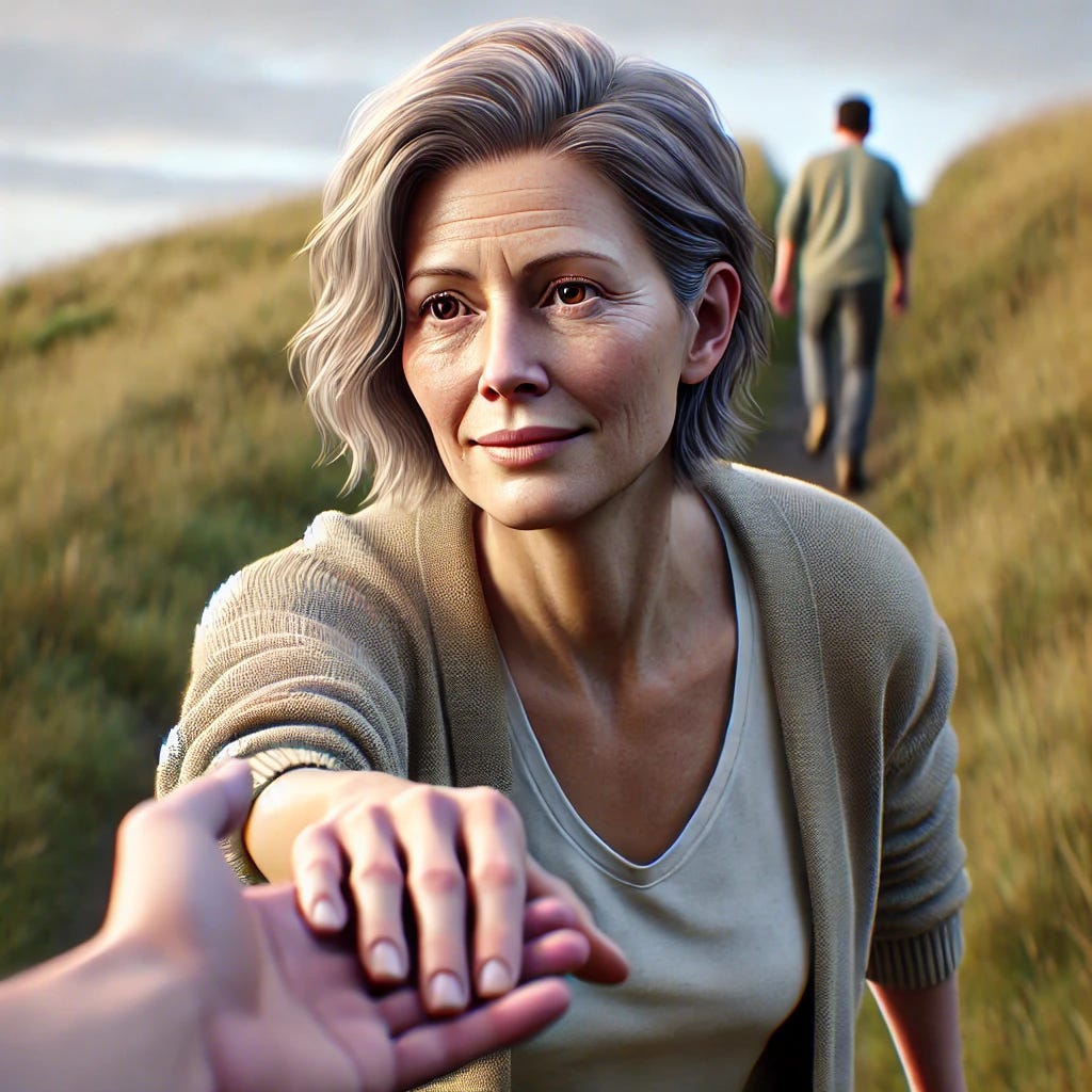 A photorealistic scene of a person offering a hand to help a 40-year-old woman climbing a hill. The woman has light wrinkles appropriate for her age, slightly overweight features, and a face that is not perfectly symmetrical, but clearly looks 40 years old. She is shown with a slight smile, conveying a sense of gratitude and effort. The setting is a natural environment with a grassy hill and a clear sky. The helping person is shown with a kind expression, reaching out their hand to assist the woman. The focus is on their interaction, capturing a moment of support and connection in a realistic style. There is no one in the background or behind her.