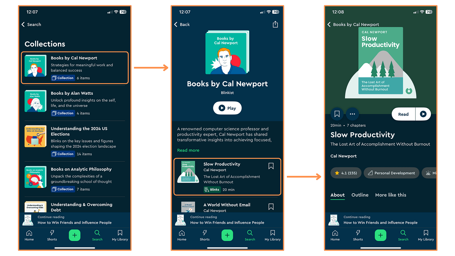 Blinkist’s Collections (mobile app + dark mode)