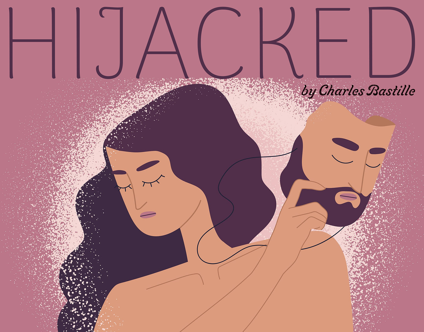 Illustration of woman taking off mask of bearded man: Illustration for 'Hijacked', new fiction by Charles Bastille