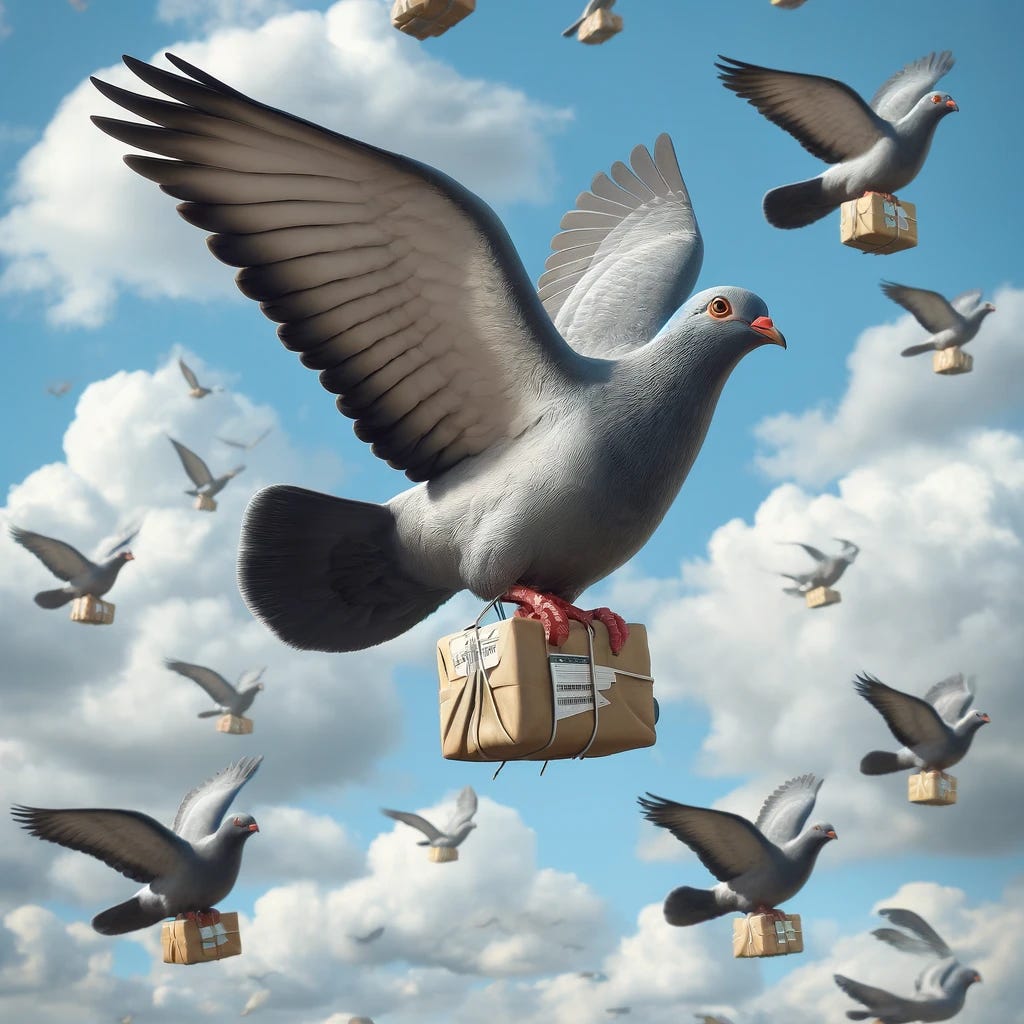 A photorealistic image of a flock of carrier pigeons carrying mail and small packages through a clear blue sky. The pigeons are depicted in great detail, with sleek grey feathers and focused expressions. Each pigeon has a small, securely tied package or letter attached to its legs. The background features fluffy white clouds scattered across the blue sky, enhancing the sense of motion and distance. This scene captures the essence of traditional mail delivery in a modern, surreal twist.