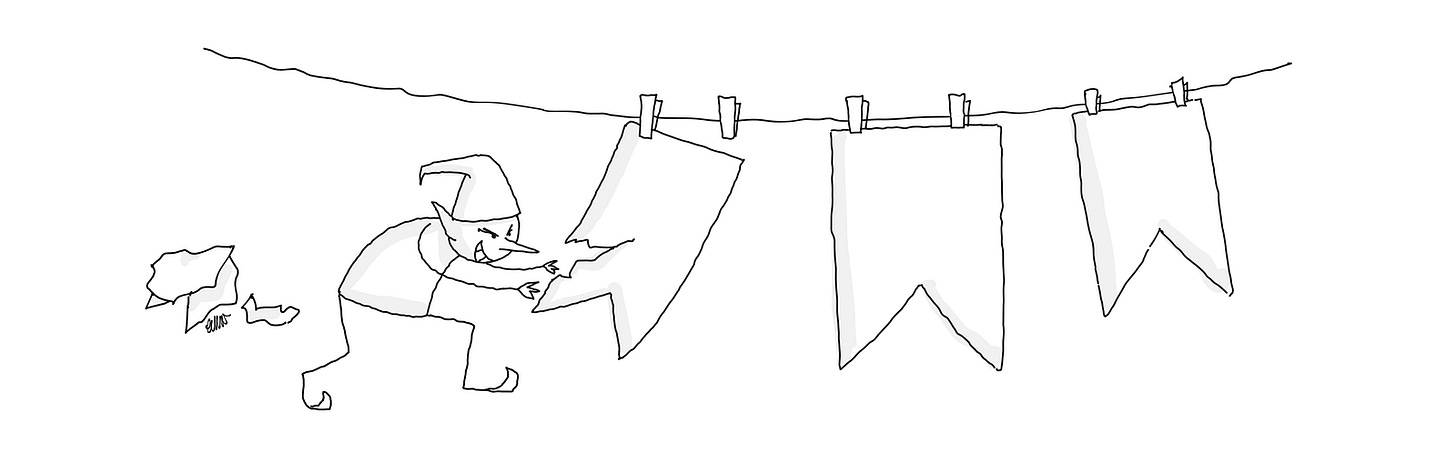 Black lineart cartoon of a goblin with a pointy nose ripping bookmark shapes off the line where they are pegged.