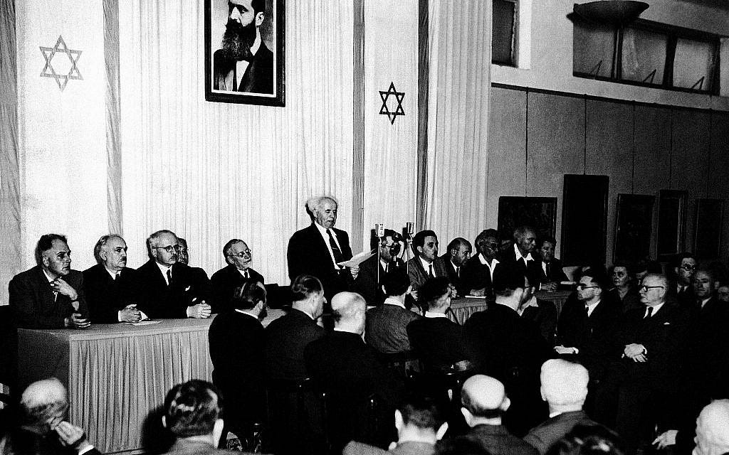 In this May 14, 1948 photo, cabinet ministers of the new State of Israel are seen at a ceremony at the Tel Aviv Art Museum marking the creation of the new state, during prime minister David Ben-Gurion's speech declaring independence. (AP Photo)