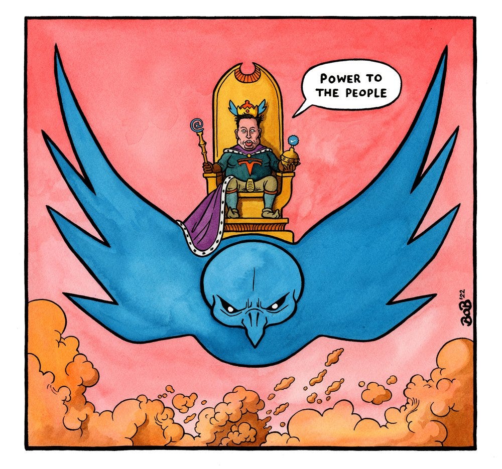 Painting of Elon Musk seated on a throne, wearing kingly regalia, and steering a large, angry-looking blue bird that resembles the old Twitter logo. Musk's speech bubble reads "Power to the people."