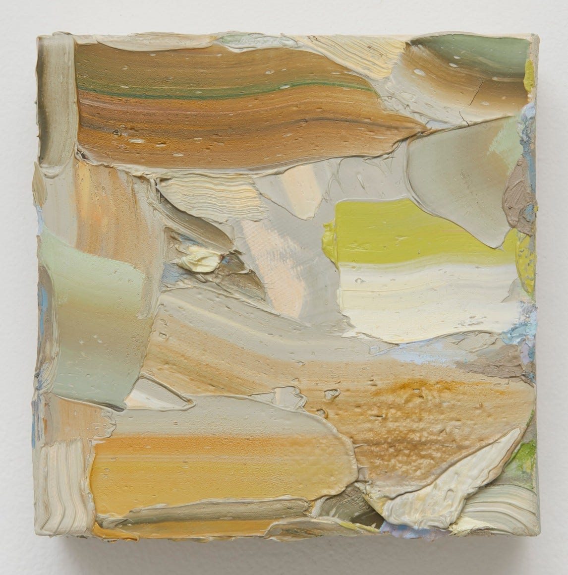 A small abstract painting with thick layers of brush strokes and pallet knife gestures, with areas of pale green-browns, creams, greys, and a stroke of lime green.