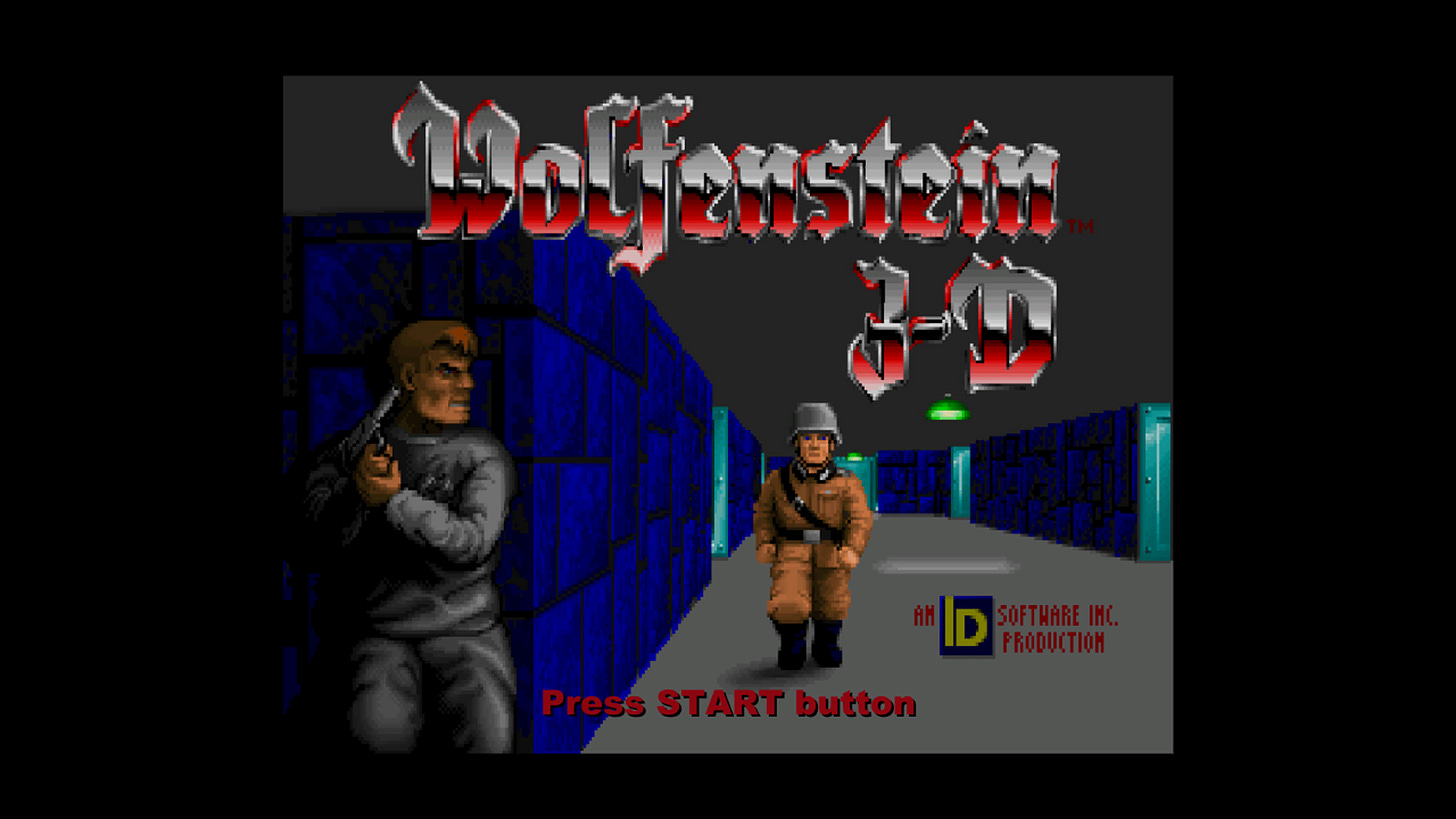 The title screen for Wolfenstein 3D (styled as 3-D, as was the trend of the time), featuring protagonist B.J. Blazkowicz waiting around the corner of a blue brick wall with a pistol in hand for the brown-clad Nazi soldier walking toward him. The game's logo is above the image, and id's old logo is in the bottom right.