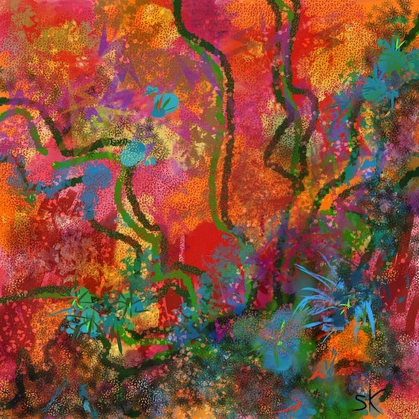 Intense abstract design by Sherry Killam Arts with reds, greens, aquas suggesting heat and growth.