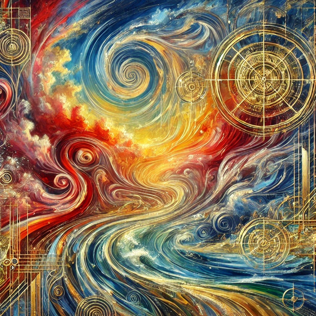 A vibrant abstract, impressionist oil painting focusing on the concept of etheric weather engineering. The painting highlights swirling, dynamic etheric flows in radiant reds, golds, and silvers, representing energy manipulation and transformation. These bold colours are interwoven with intricate golden geometric patterns that symbolize advanced technological devices. The background blends shades of deep blue and green, creating a striking contrast that suggests the interplay between the ether and natural weather systems. Subtle hints of maritime elements and bold, expressive brushstrokes evoke movement, energy, and the seamless fusion of nature and technology.