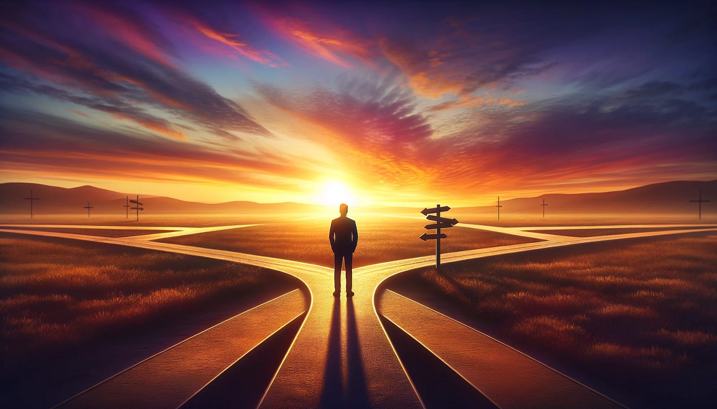 Imagine a solitary figure standing at a crossroads in a vast, open landscape during the golden hour, symbolizing a career midpoint reflection. The paths diverge in multiple directions, representing the variety of choices and directions one's career might take. The figure is silhouetted against the setting sun, suggesting contemplation and the weight of decision-making. This scene is devoid of any modern technology or distractions, focusing purely on the concept of choice and future paths. The sky is a vibrant display of oranges, pinks, and purples, adding a sense of wonder and possibility to the moment. This image embodies the introspective and transformative nature of career evaluation, emphasizing the personal journey and the critical decisions that shape our futures.