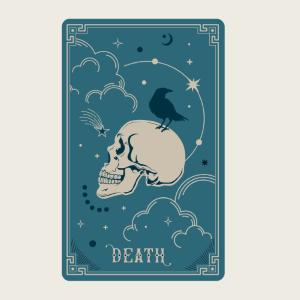 A turquoise tarot card depicting death with a crow sitting upon a skull