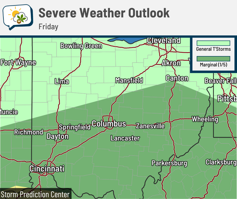 Central Ohio is in a marginal (level 1/5) risk of severe storms on Friday.