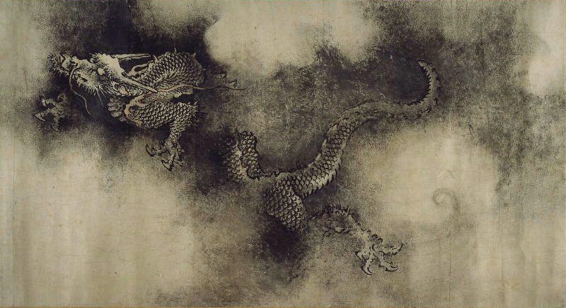 A grey-scale Chinese painting featuring a magnificent dragon flying through the clouds.