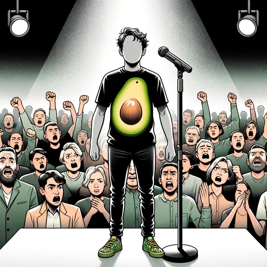 A digital illustration of a person standing on a stage. This person is wearing a casual t-shirt with a large, vivid avocado print on it. Surrounding them is an animated crowd of people, displaying various expressions of anger and frustration. Each person in the crowd is distinct, with a range of facial features and clothing styles, illustrating their diverse backgrounds. The stage setting is simple, with a spotlight focused on the person in the center. The background is filled with the agitated crowd, with some individuals shaking their fists or pointing fingers.