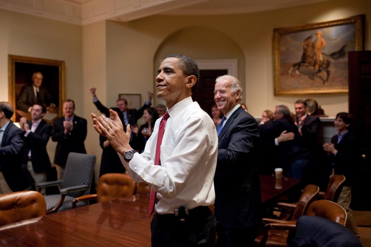 This image shows a 21 March 2010 photo of President Barack Obama, Vice President Joe Biden, and several White House staffers applauding and cheering as the House of Representatives passes the Patient Protection and Affordable Car Act ("Obamacare"), perhaps Obama's greatest legislative achievement as president. This image shows a 21 March 2010 photo of President Barack Obama, Vice President Joe Biden, and several White House staffers applauding and cheering as the House of Representatives passes the Patient Protection and Affordable Car Act ("Obamacare"), perhaps Obama's greatest legislative achievement as president.