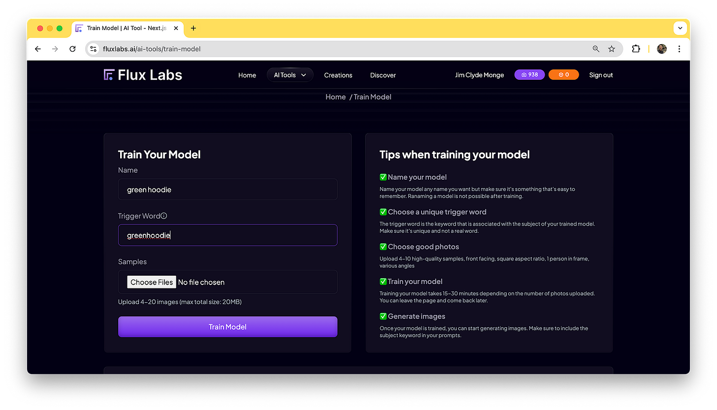 Training an Image Model Head over to fluxlabs.ai and create an account for free. Once logged in, click on the AI Tools dropdown in the navigation bar and select the Train Model. This will take you to the image model training page.