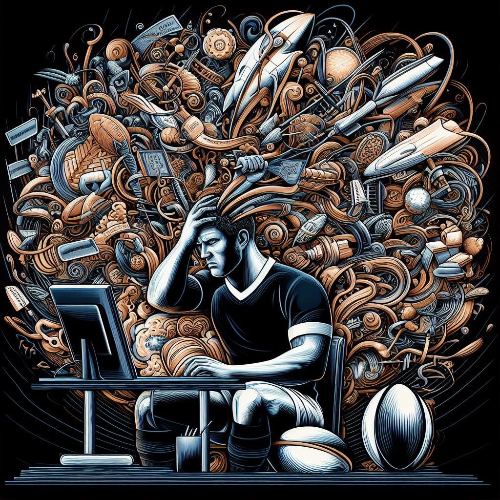 Craft an image that vividly portrays a rugby player seated at a computer, struggling to concentrate due to mental clutter and rushing thoughts. The player should be in his rugby attire, hinting at his sports background. Surround his head with swirling, chaotic symbols and visual representations of distractions and stressors, creating a tangible contrast between the physicality of rugby and the mental challenge of writing. The computer screen should glow softly,