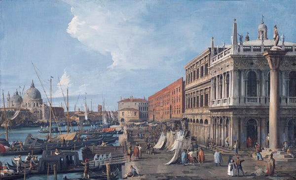 an 18th century oil painting depicting an active waterfront in Venice