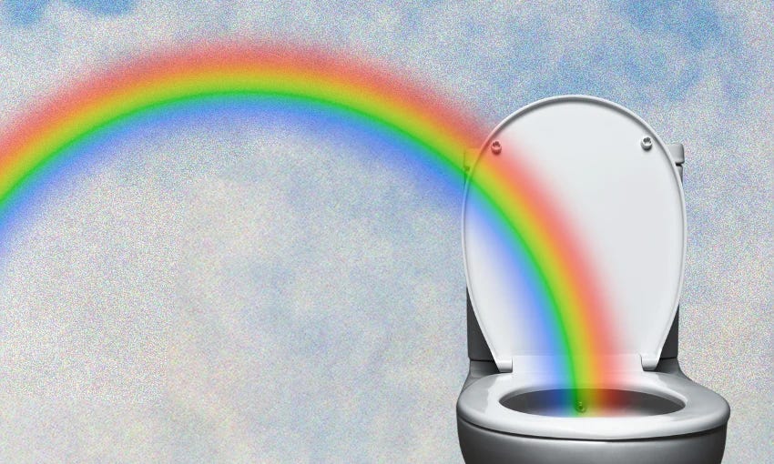 a rainbow going into a toilet on a blue background