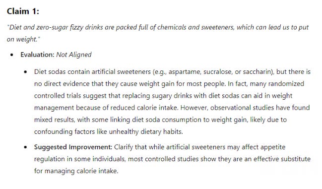 A fact checking custom GPt returning a result for whether diet sodas can make you put on weight