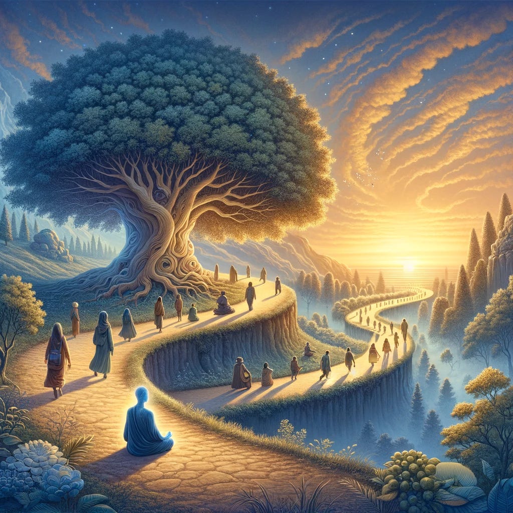 An illustration that captures the essence of a grounded and authentic spiritual journey. The scene depicts a serene landscape at dawn, with a winding path leading towards a distant, glowing horizon. Along this path, various individuals of diverse backgrounds and appearances are walking, each at their own pace, some pausing to admire the beauty of the natural world around them. In the foreground, a person is seated in a meditative pose under a large, flourishing tree, symbolizing deep contemplation and connection to nature. This serene setting embodies the concepts of patience, personal growth, and the richness of the spiritual journey. The illustration should evoke a sense of peace, unity, and the importance of taking one's own pace on the path to enlightenment. The overall mood is uplifting, inspiring a feeling of hope and the possibility of achieving genuine spiritual depth through dedication and inner work.